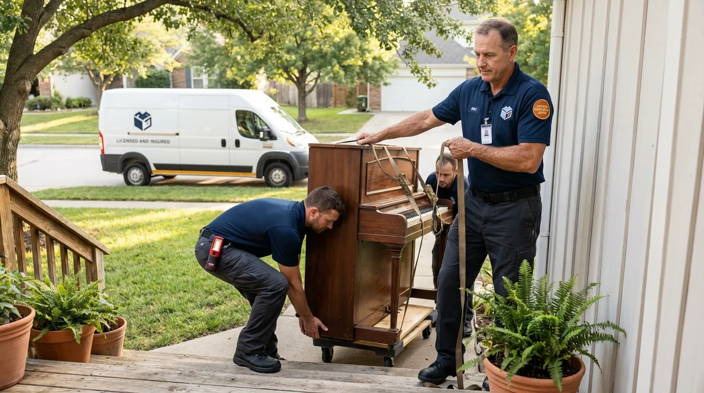 Licensed piano movers securing grand piano in Houston, PA