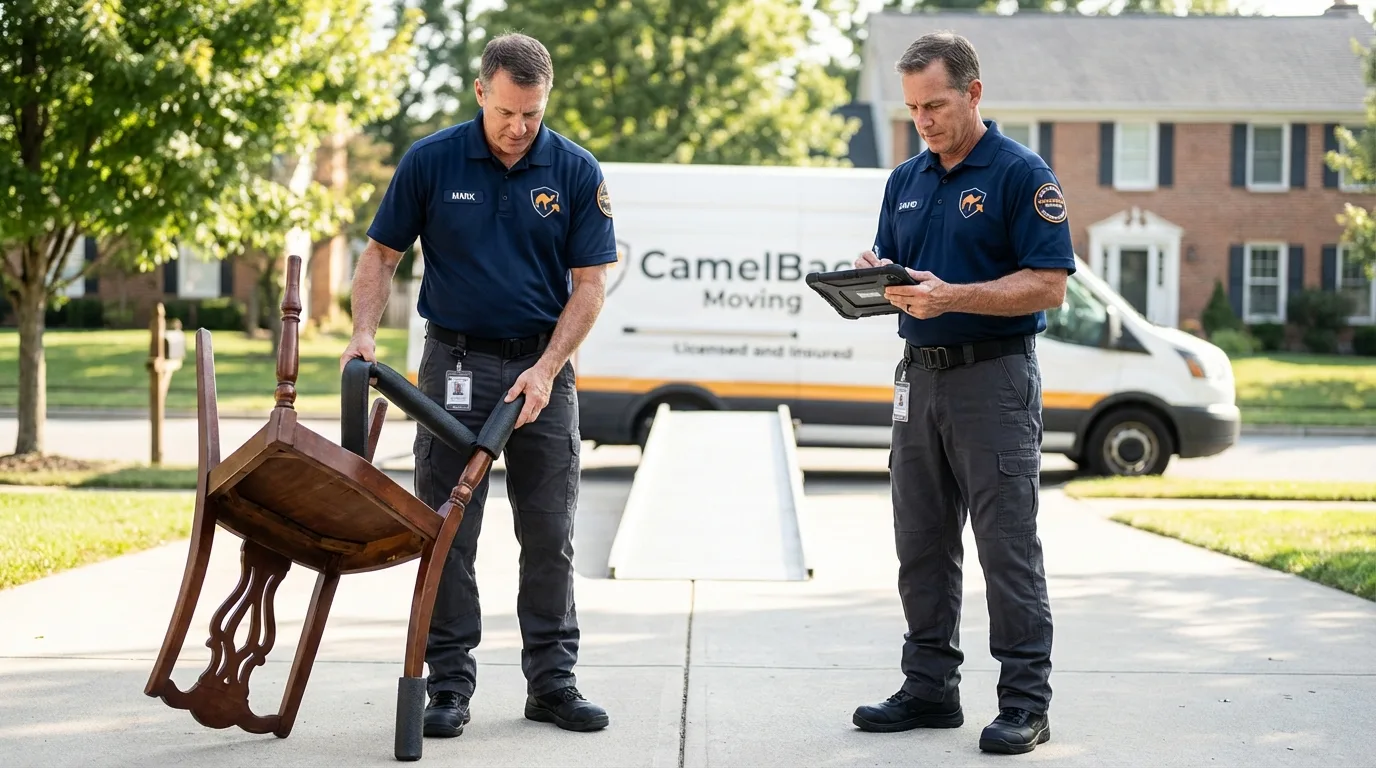 Movers inspecting furniture for damage prevention before loading in Houston, PA