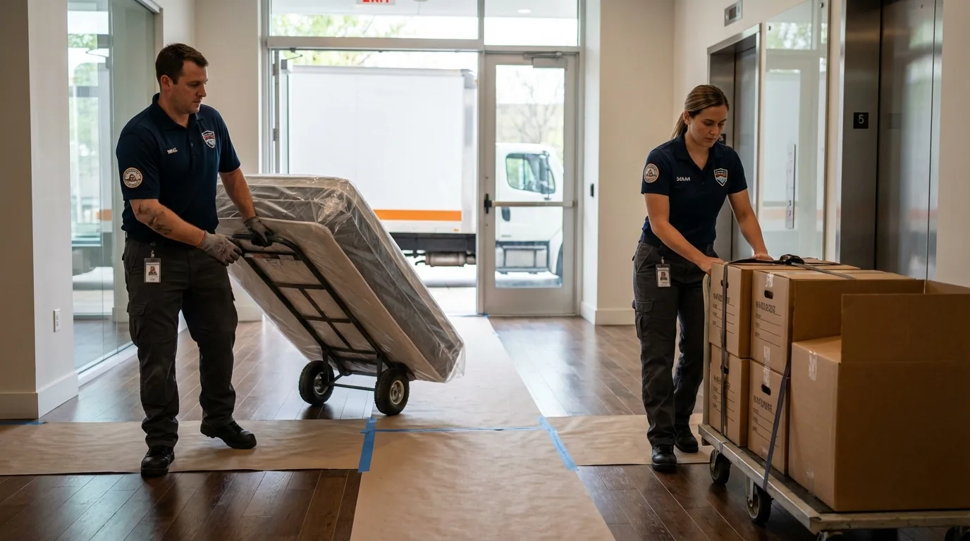 Professional apartment movers loading elevator in Houston, PA